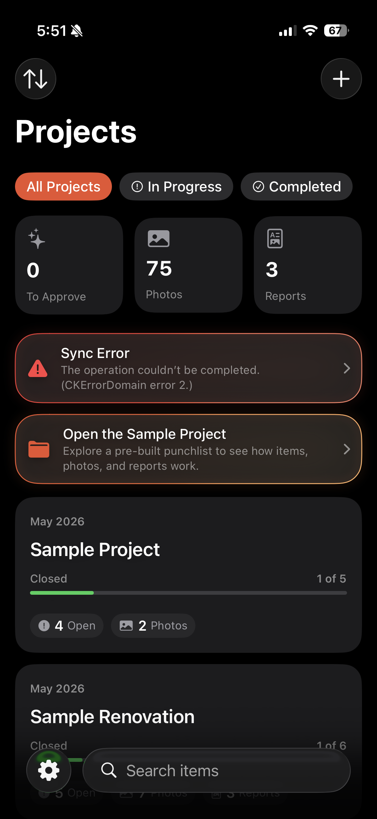 Projects screen